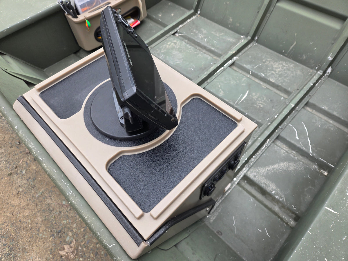 Tan and black Universal Jon Boat Tiller Console with fish finder mounted, installed in a green jon boat.