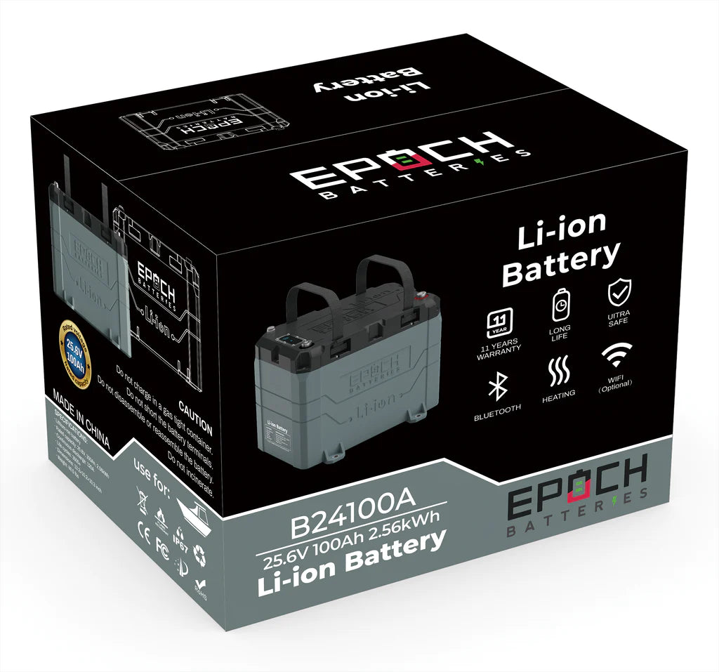 Gray Epoch 24V 100AH Li-ion marine battery with handles, shown in its black and white product box.