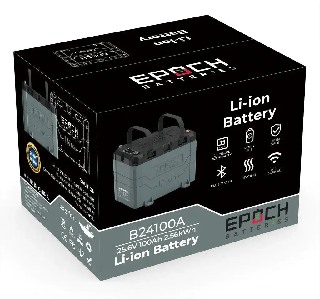 Gray Epoch 24V 100AH Li-ion marine battery with handles, shown in its black and white product box.