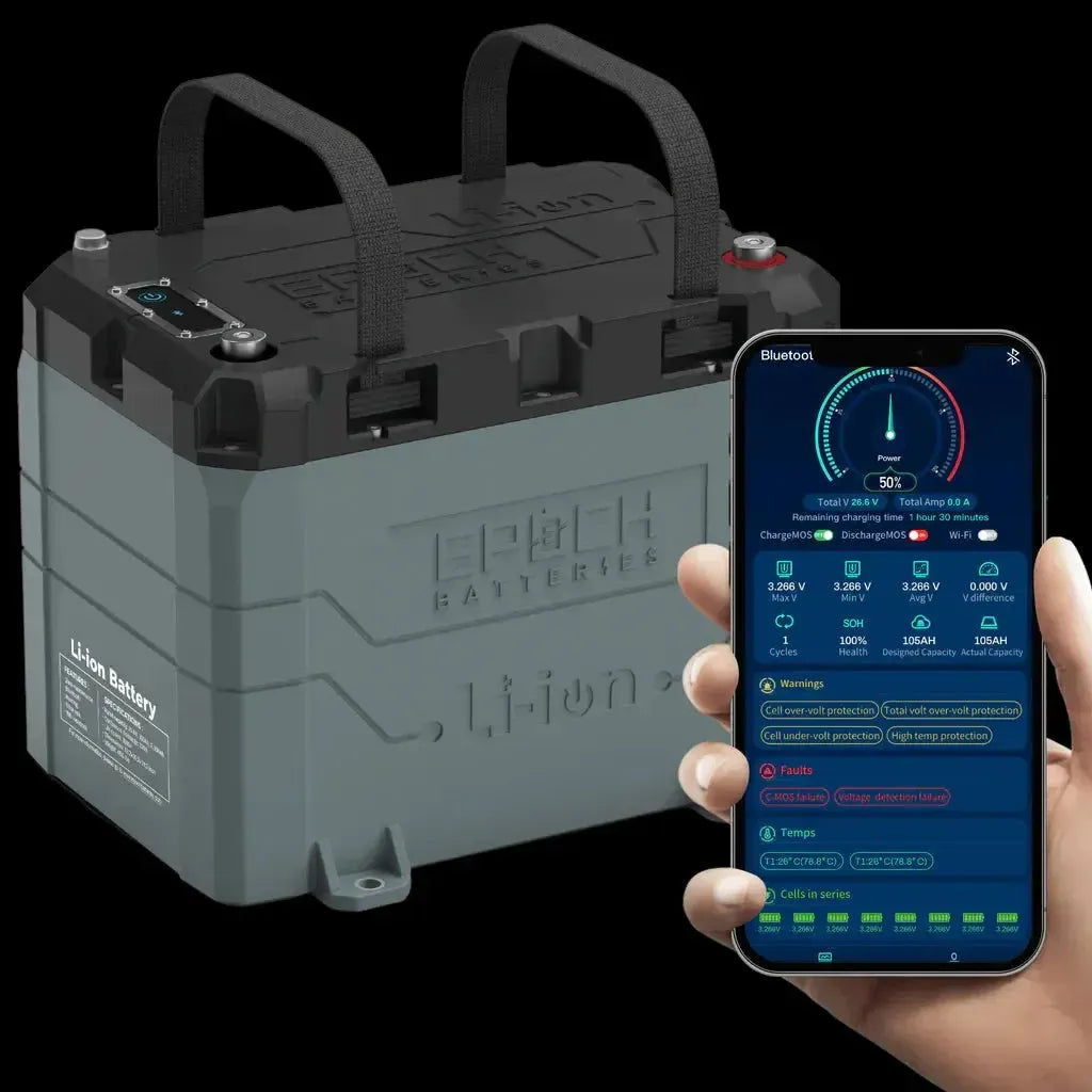 Gray Epoch 24V 100AH marine lithium battery with black straps, next to a hand holding a phone displaying the app.