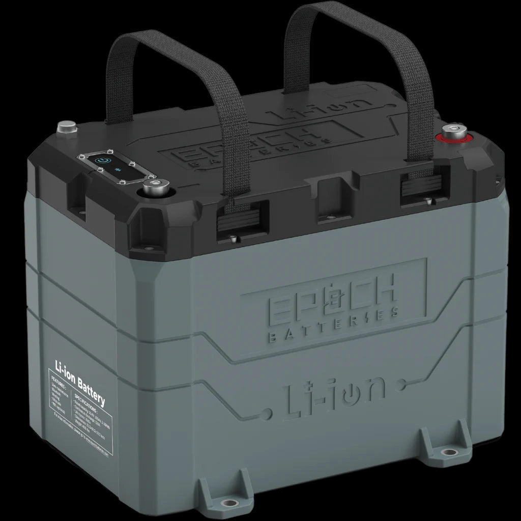 Gray and black Epoch 24V 100AH LiFePO4 marine lithium battery with handles, display, and terminals.