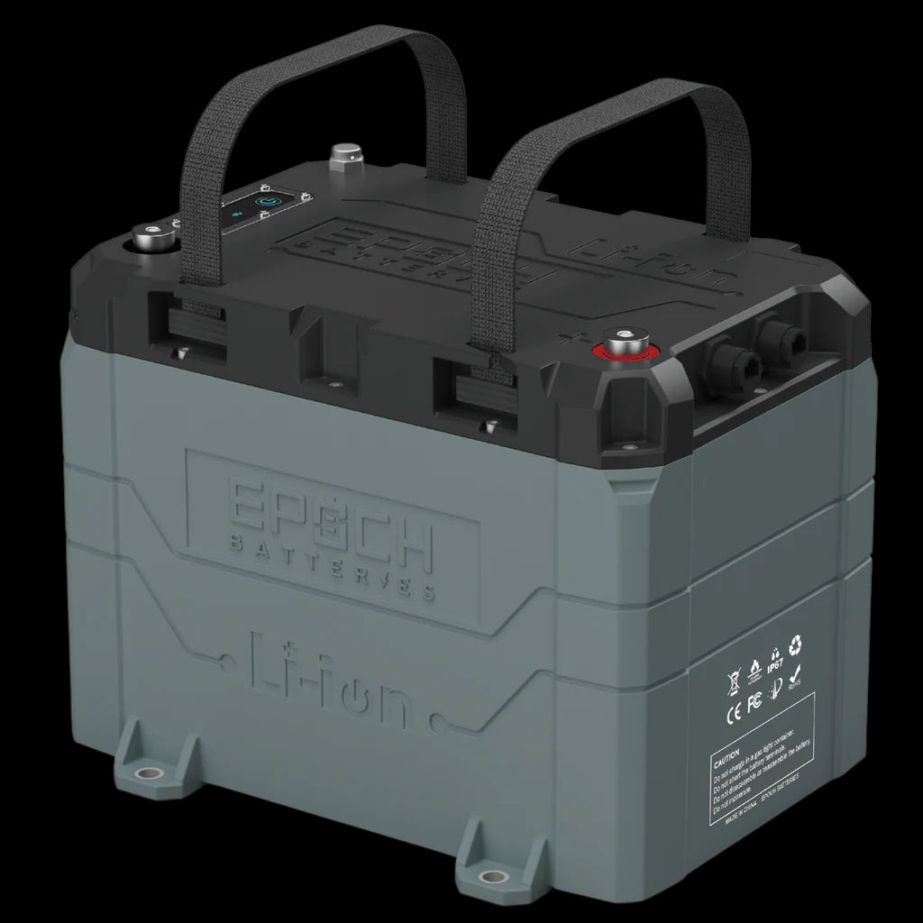 Gray and black Epoch 24V 100AH LiFePO4 marine lithium battery with handles, IP67 rating, and Bluetooth.