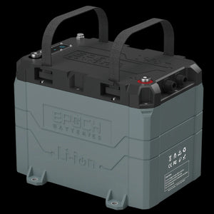 Gray and black Epoch 24V 100AH LiFePO4 marine lithium battery with handles, IP67 rating, and Bluetooth.