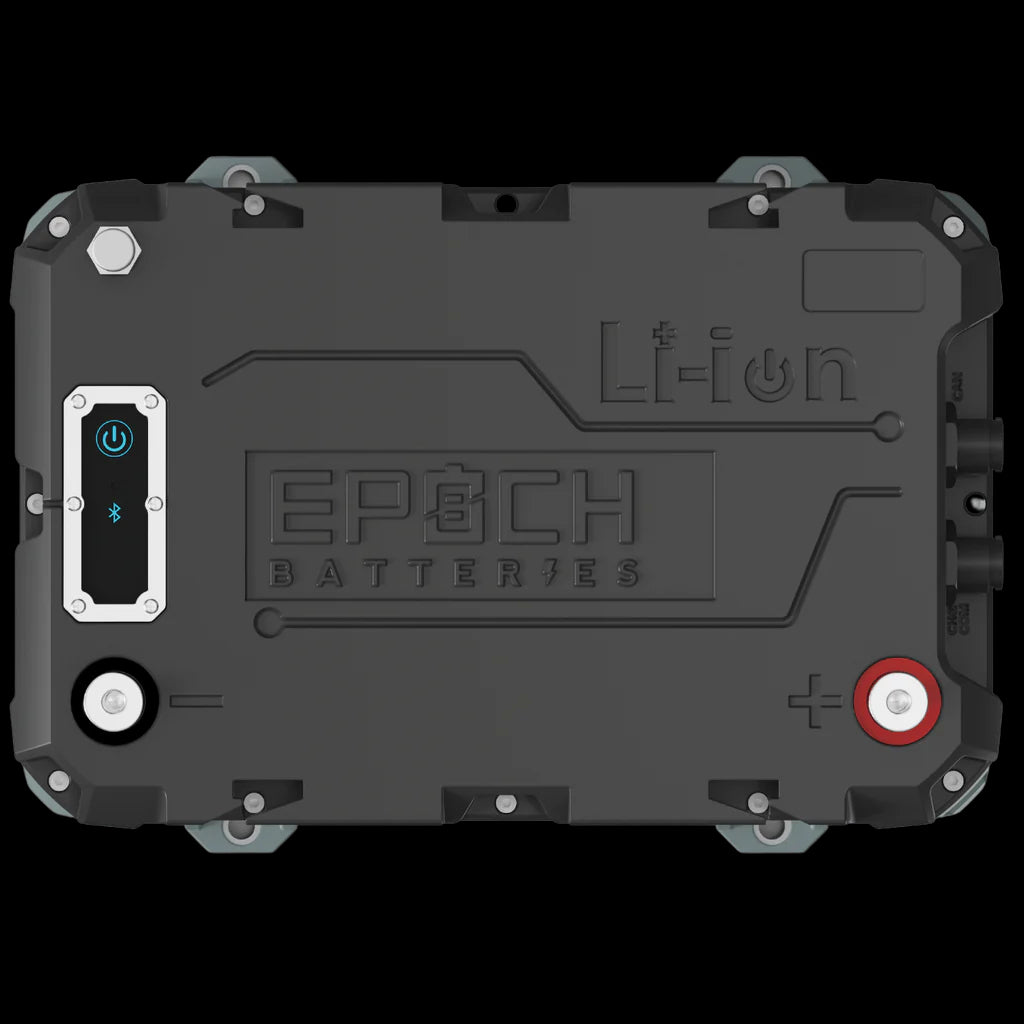 Top-down view of a dark gray Epoch Li-Ion marine battery with Bluetooth, power button, and terminals.