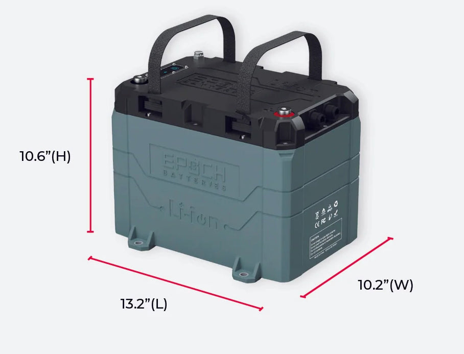 Epoch 24V 100AH marine lithium battery in teal and black with dimensions 13.2"L x 10.2"W x 10.6"H.