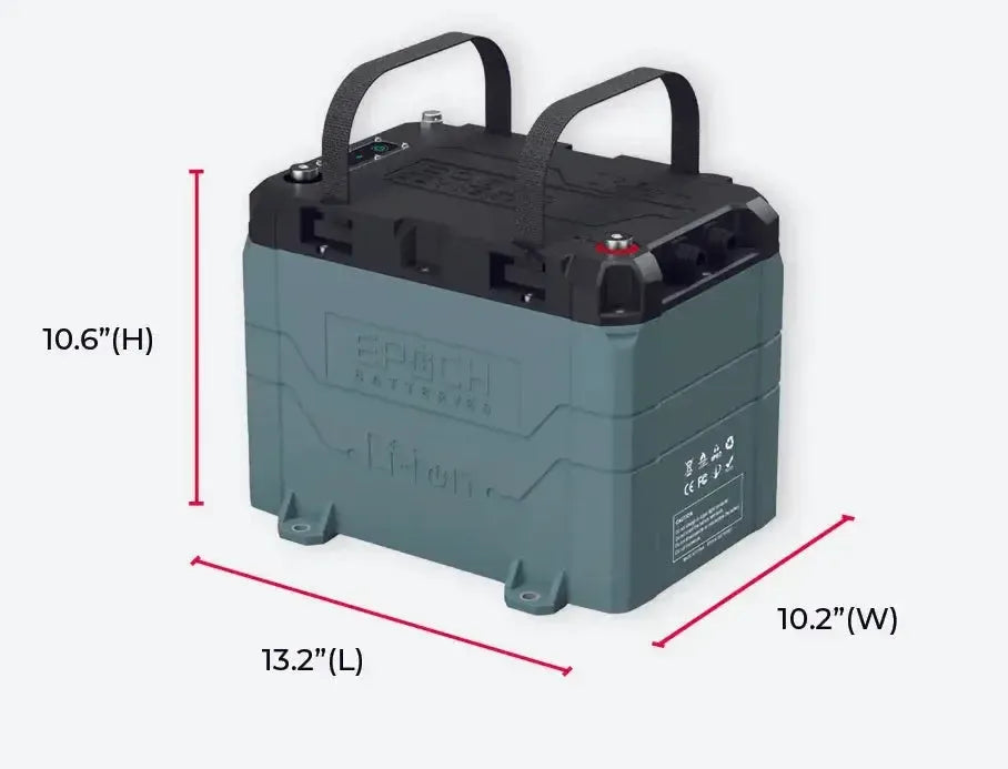 Epoch 24V 100AH marine lithium battery in teal and black with dimensions 13.2"L x 10.2"W x 10.6"H.