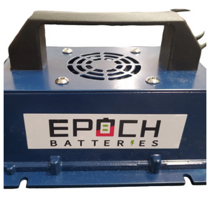 Blue 24V 15A Epoch Batteries charger with black handle, top fan, and white logo.