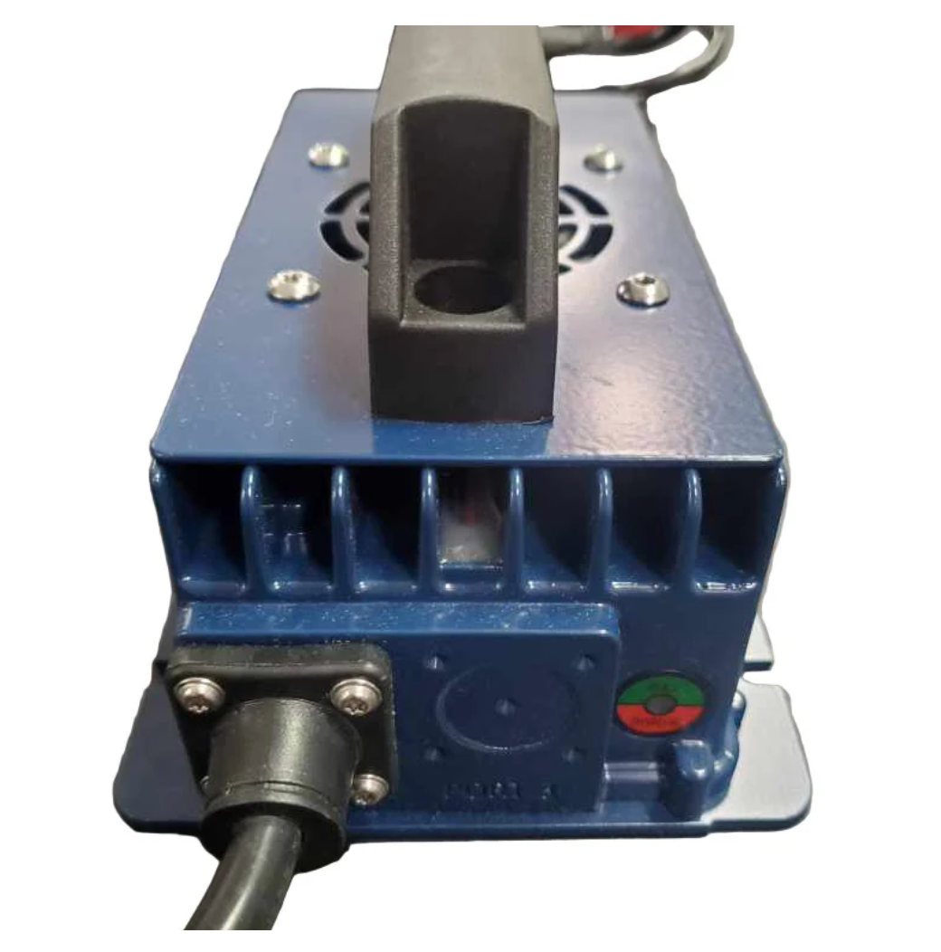 Blue 24V 15A battery charger with aluminum alloy housing, heatsink fins, and black handle.