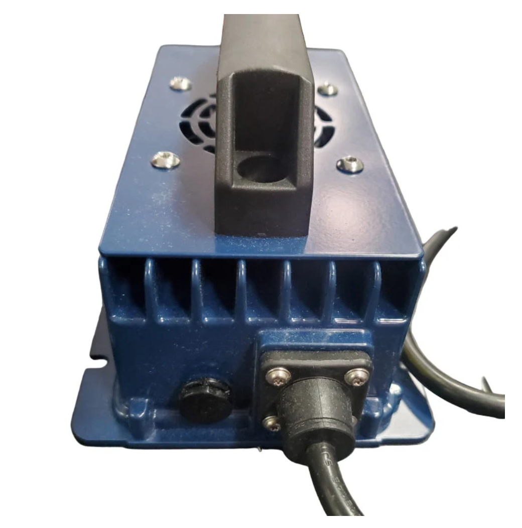 Blue 24V 15A battery charger with black handle, heatsink fins, and output connector.
