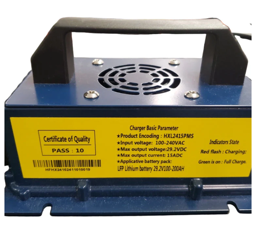 Blue 24V 15A LiFePO4 battery charger with black handle, fan, and yellow label detailing specifications.