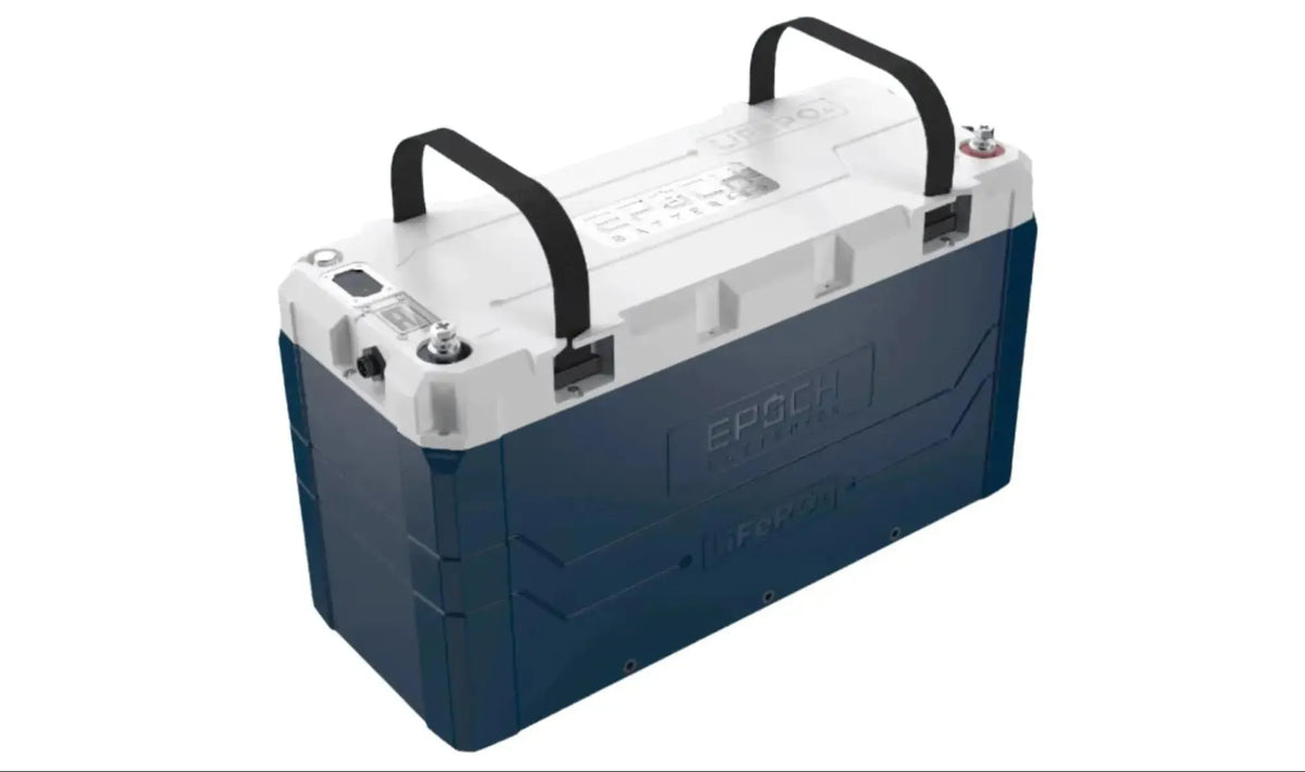 Blue and white EPOCH V2 Elite Series 24V 230Ah LiFePO4 battery with black handles.