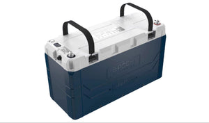 Blue and white EPOCH V2 Elite Series 24V 230Ah LiFePO4 battery with black handles.