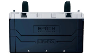 Dark blue and white EPOCH LiFePO4 battery with black carrying straps.