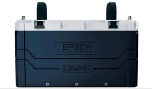 Dark blue and white EPOCH LiFePO4 battery with black carrying straps.