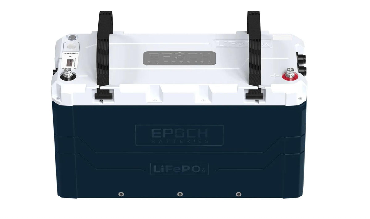 White and dark blue EPOCH LiFePO4 battery with black carrying straps, red and black terminals, and a display.