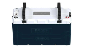 White and dark blue EPOCH LiFePO4 battery with black carrying straps, red and black terminals, and a display.