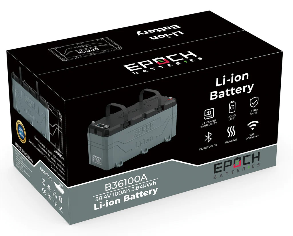 Gray Epoch 36V 100AH marine lithium battery with black handles, shown in its branded box.