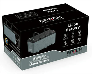 Gray Epoch 36V 100AH marine lithium battery with black handles, shown in its branded box.