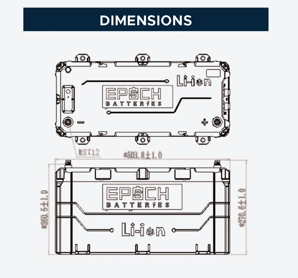 Technical drawing of a rectangular Epoch Li-ion marine battery with dimensions and port details.
