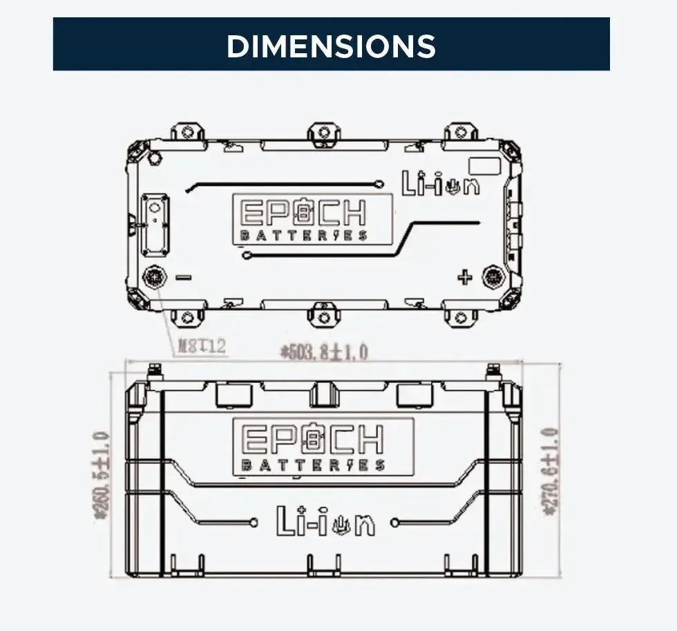 Technical drawing of a rectangular Epoch Li-ion marine battery with dimensions and port details.