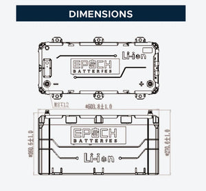 Technical drawing of a rectangular Epoch Li-ion marine battery with dimensions and port details.