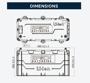 Technical drawing of a rectangular Epoch Li-ion marine battery with dimensions and port details.