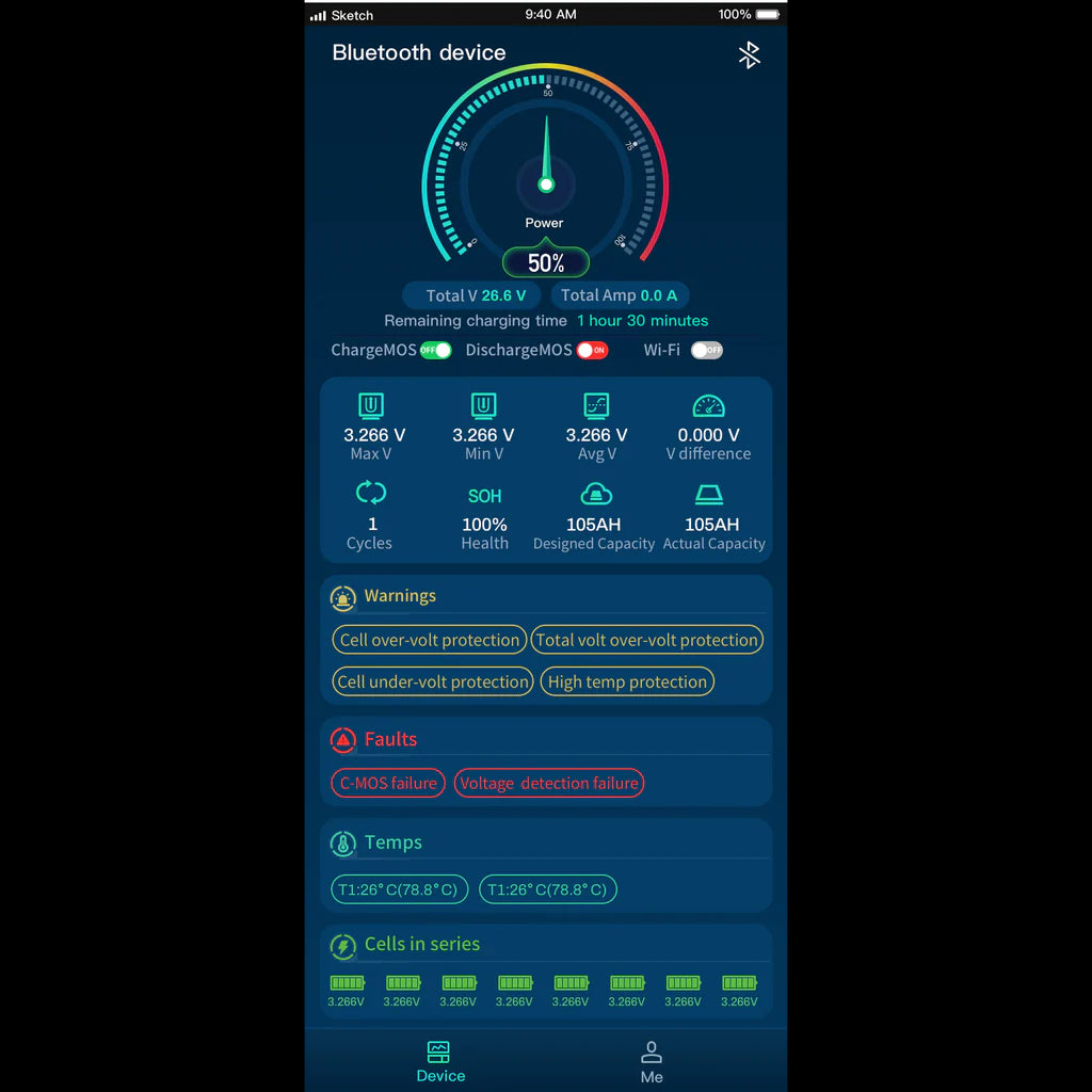 Epoch Batteries app screen displaying 50% power, 26.6V, 105AH capacity, and safety warnings.