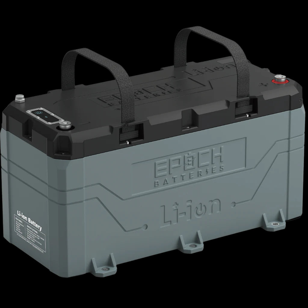 Gray Epoch 36V 100AH marine lithium battery with black handles and a phone displaying its Bluetooth app.
