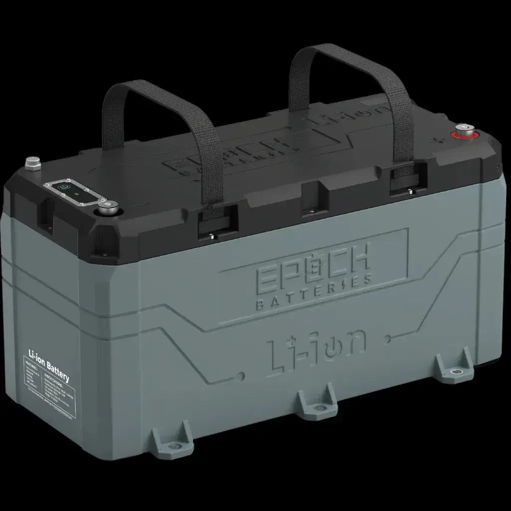 Gray Epoch 36V 100AH marine lithium battery with black handles and a phone displaying its Bluetooth app.