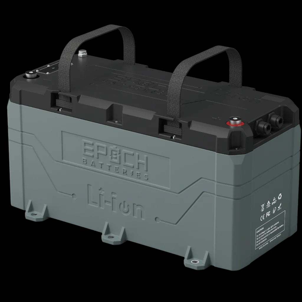 Epoch 36V 100AH marine lithium battery, gray and black, with carry handles and Li-ion branding.