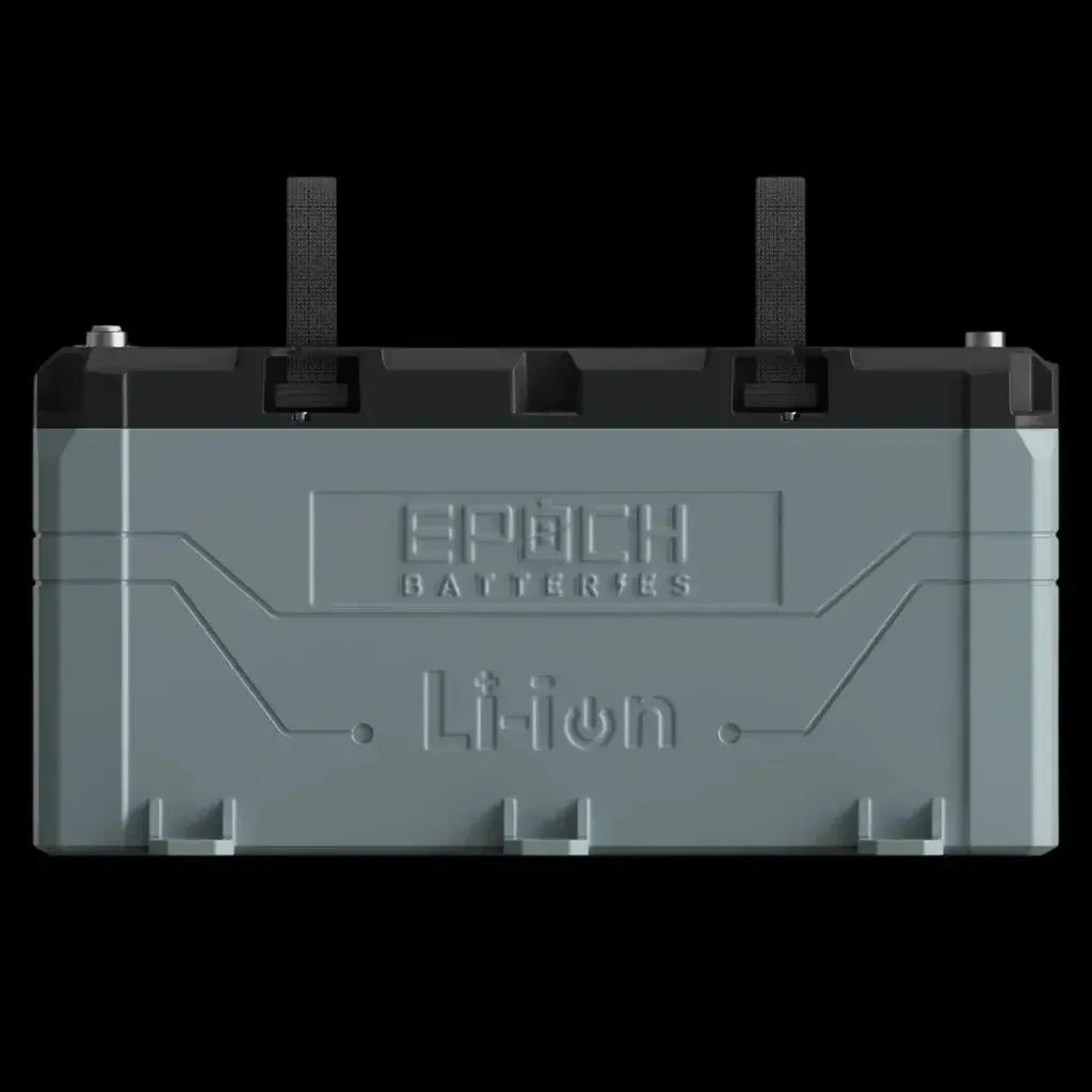 Gray Epoch Li-ion marine battery with black top, terminals, and two black straps.