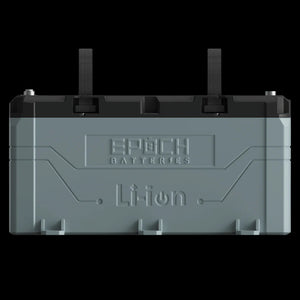 Gray Epoch Li-ion marine battery with black top, terminals, and two black straps.