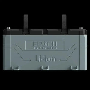 Gray Epoch Li-ion marine battery with black top, terminals, and two black straps.