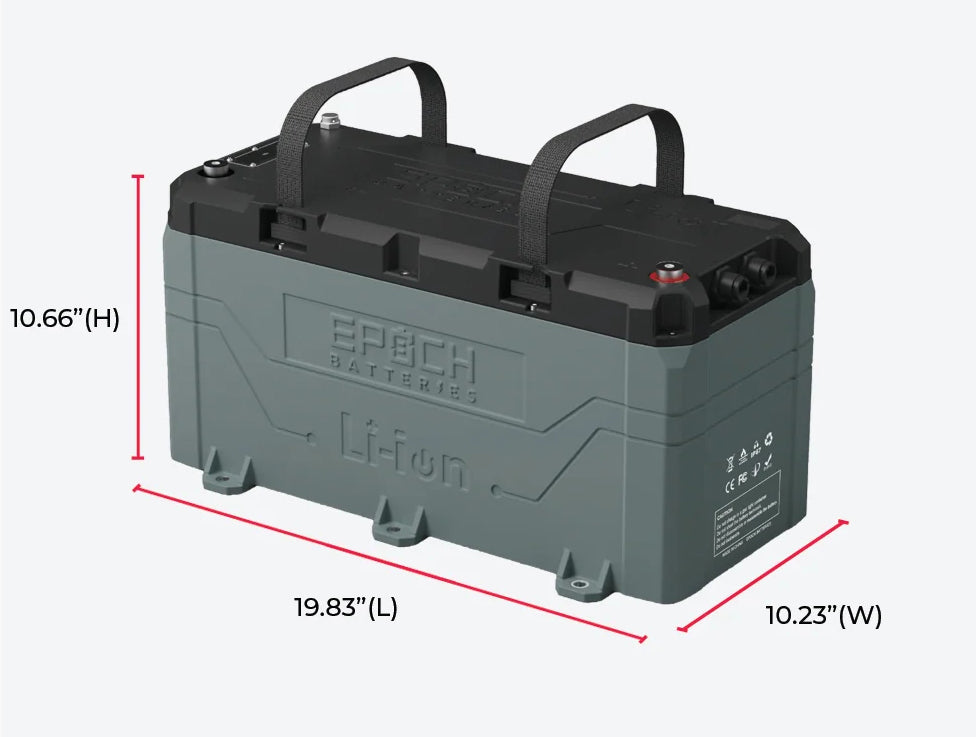 Gray and black Epoch 36V 100AH LiFePO4 marine battery with handles and dimensions.
