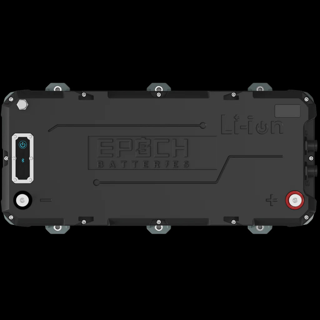 Black Epoch 36V 100AH marine lithium battery with Bluetooth, heating, and Li-ion branding.