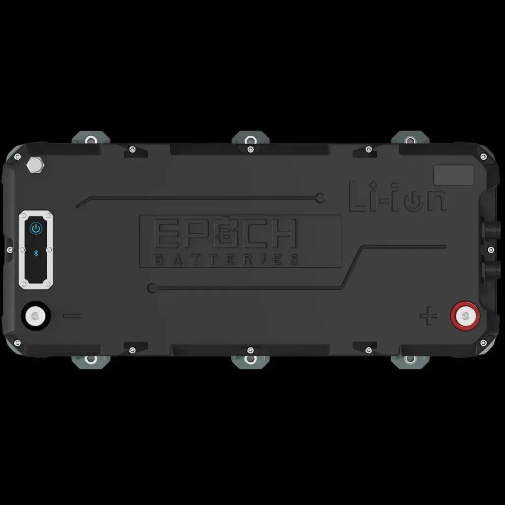 Black Epoch 36V 100AH marine lithium battery with Bluetooth, heating, and Li-ion branding.