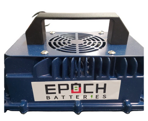 Blue 36V 15A Epoch Batteries charger with a black handle, fan, and heatsink fins.