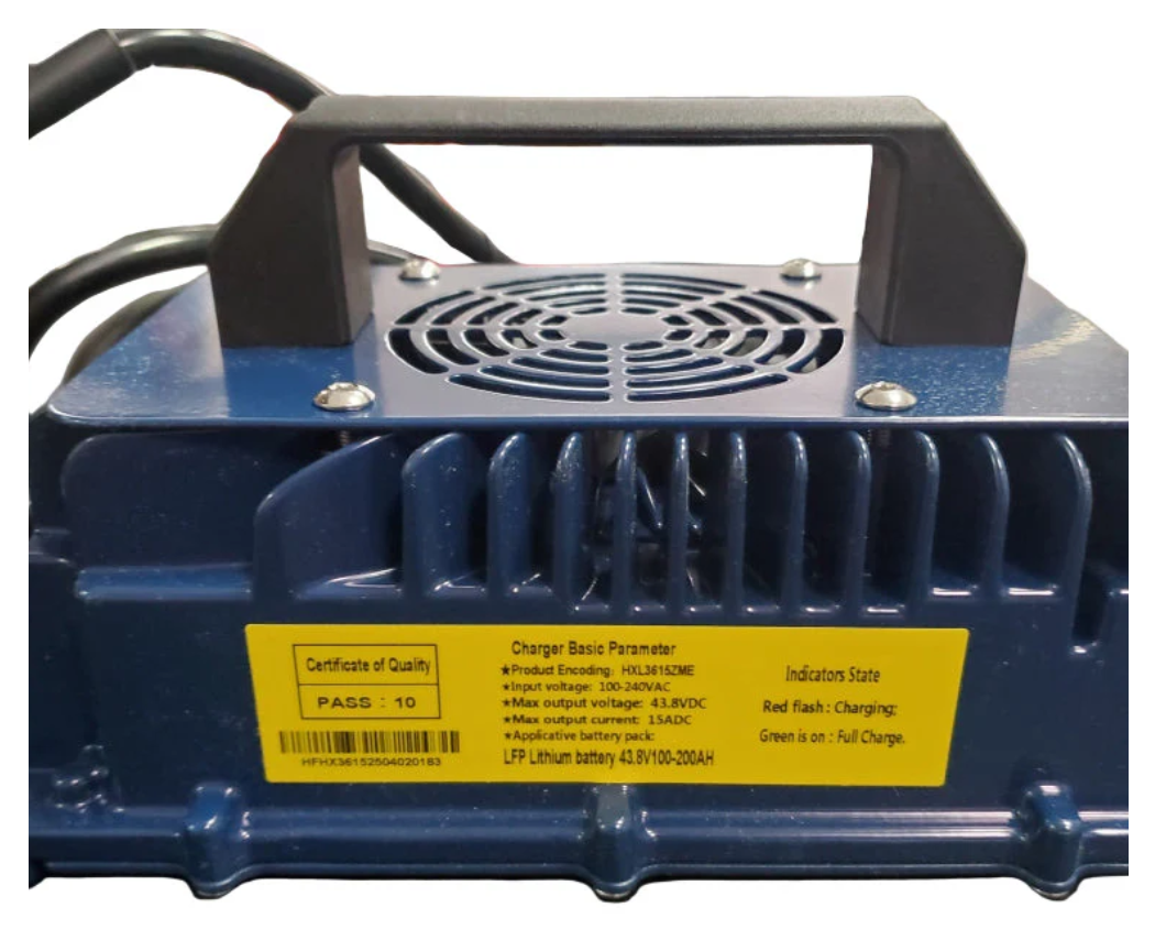 Blue 36V 15A LiFePO4 battery charger with black handle, fan, and yellow label showing specs.