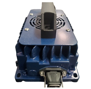 Blue 36V 15A Epoch battery charger with black handle, fan, heatsink fins, and connected plug.