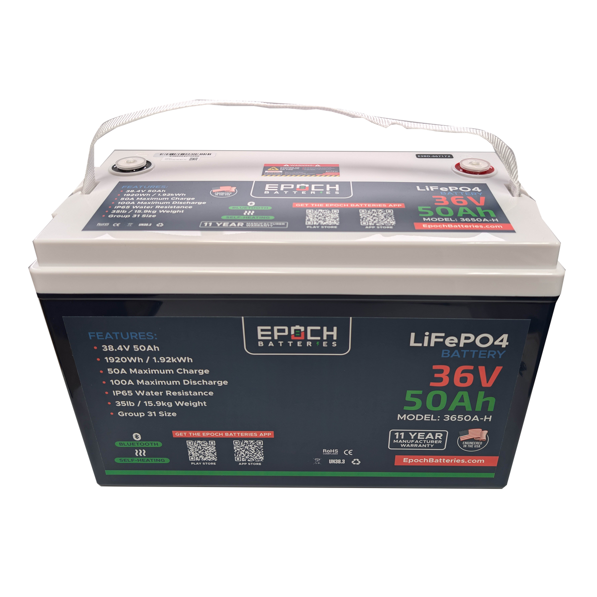 Black and white 36V 50Ah LiFePO4 battery with Epoch Batteries branding, Bluetooth, and heating features.