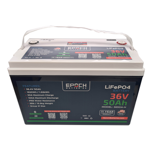 Black and white 36V 50Ah LiFePO4 battery with Epoch Batteries branding, Bluetooth, and heating features.