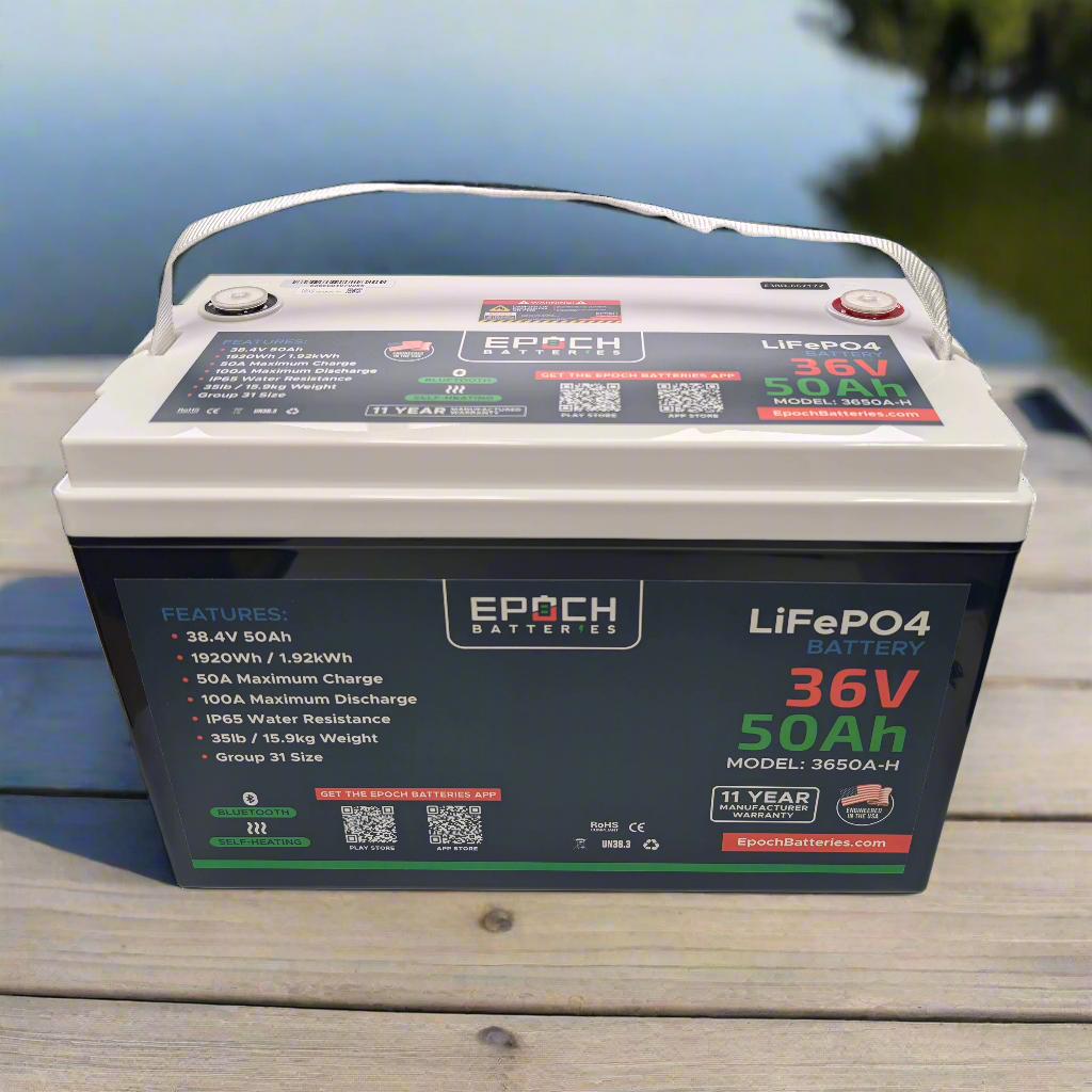 Black and white 36V 50Ah LiFePO4 battery with Epoch Batteries branding, Bluetooth, and heating features.