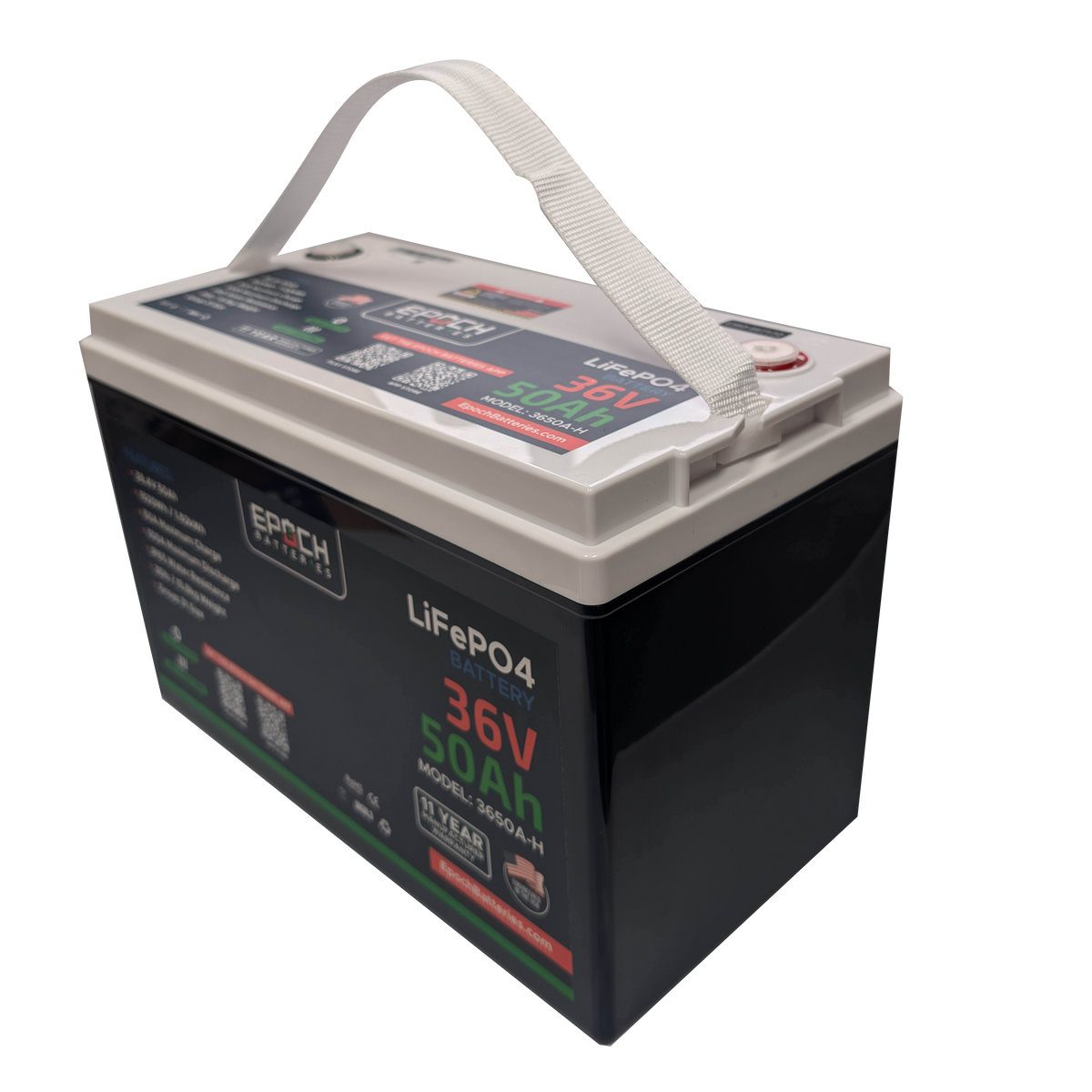 Black 36V 50Ah EPOCH LiFePO4 battery with a light gray top, white carry handle, and red terminal caps.