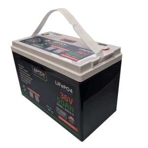 Black 36V 50Ah EPOCH LiFePO4 battery with a light gray top, white carry handle, and red terminal caps.