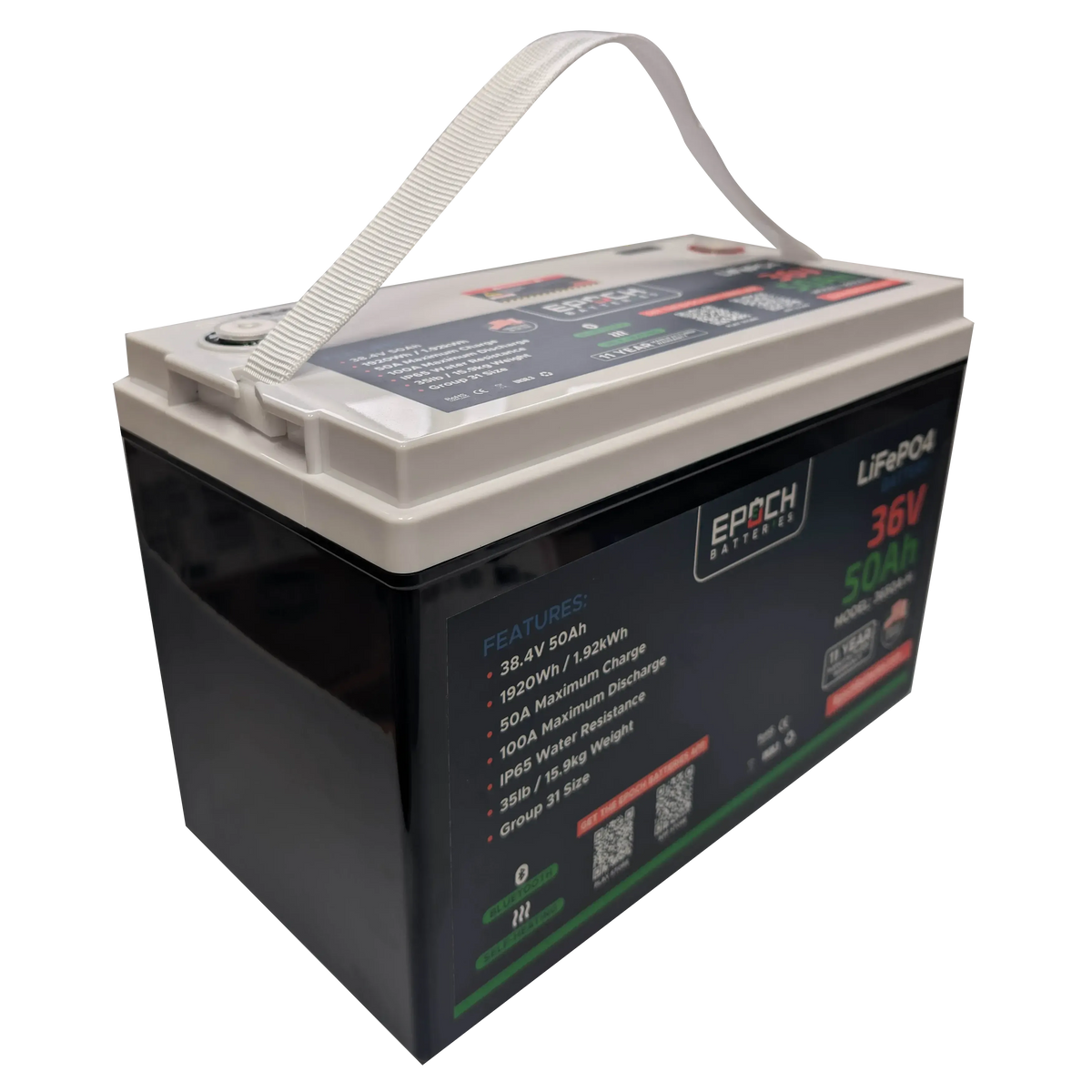Black and white 36V 50Ah EPOCH LiFePO4 battery with a white carrying strap and feature labels.