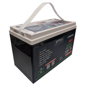 Black and white 36V 50Ah EPOCH LiFePO4 battery with a white carrying strap and feature labels.