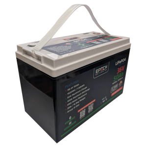 Black and white 36V 50Ah EPOCH LiFePO4 battery with a white carrying strap and feature labels.