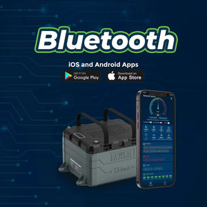 Gray Epoch Marine LiFePO4 battery with black handles, next to a smartphone displaying the Epoch Batteries app.