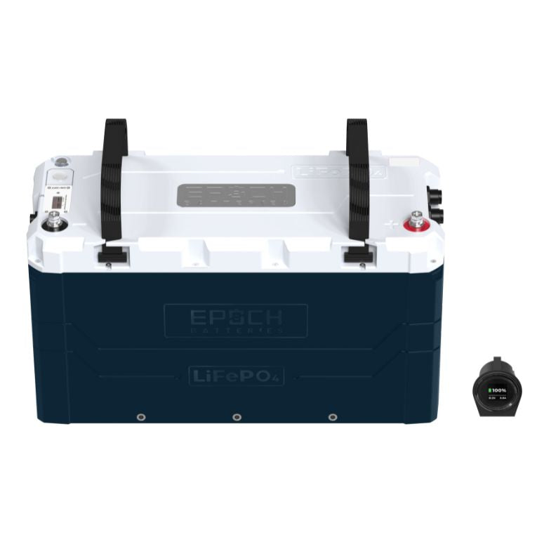 Epoch 48V 100Ah LiFePO4 marine battery with blue base, white top, black straps, and battery monitor.