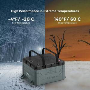 Gray Epoch V2 Elite 48V 100Ah LiFePO4 marine battery with black handles, shown in extreme cold and hot environments.